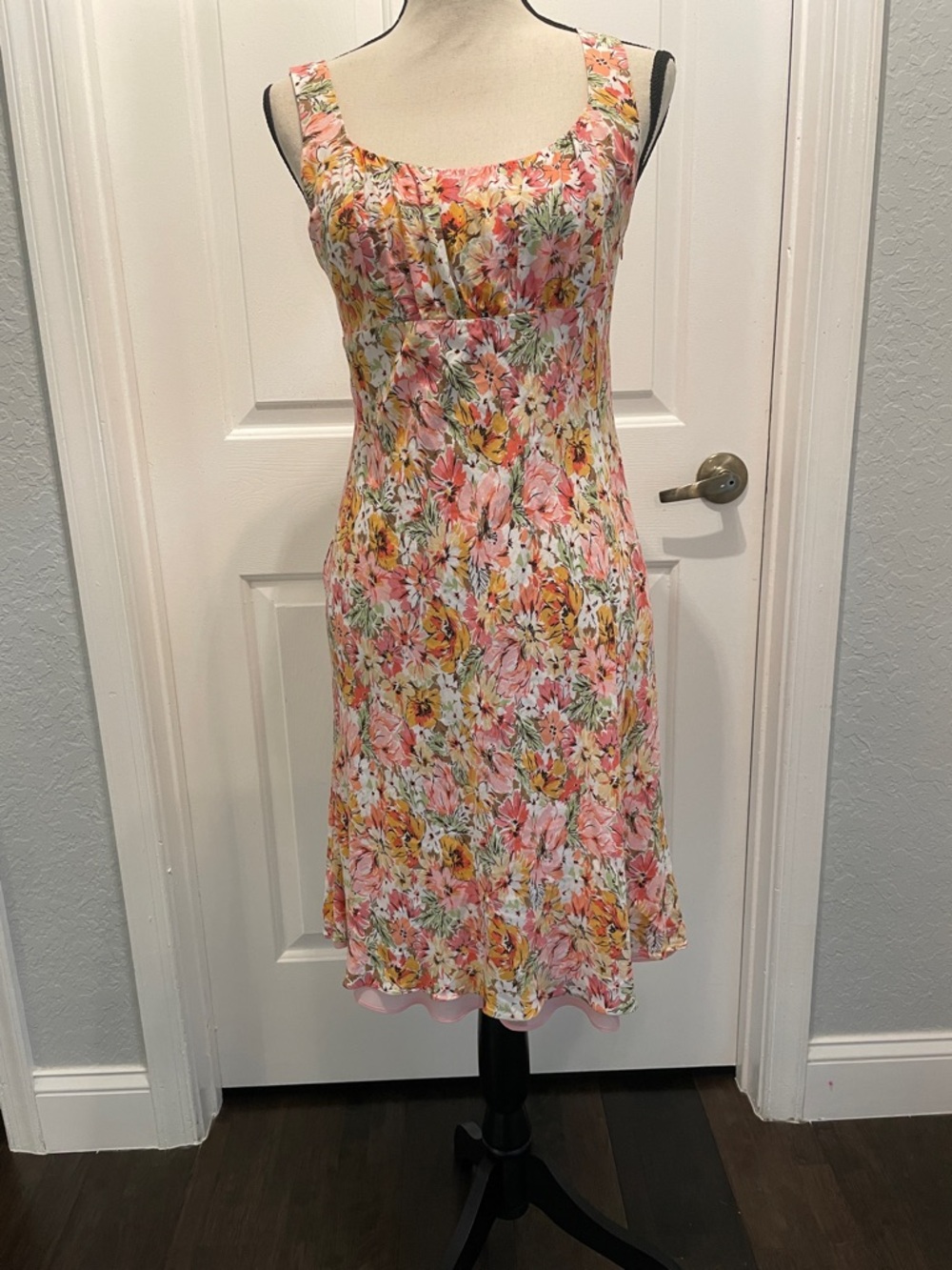 LOFT Floral Scoop-Neck Midi Dress in Pink and Yellow